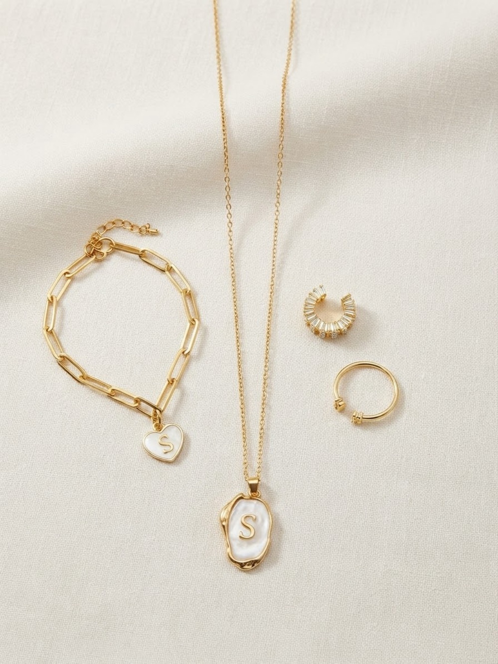 Gold Initial S Pendant Necklace with Matching Bracelet - Gold